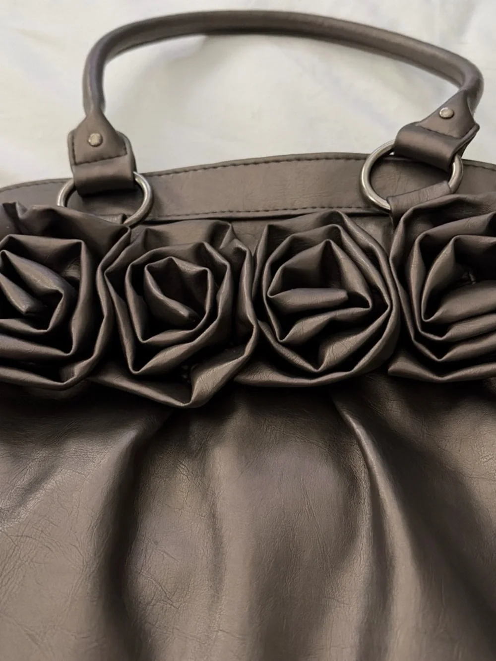 Women's Grey Leather Tote Bag with Rosette Detail